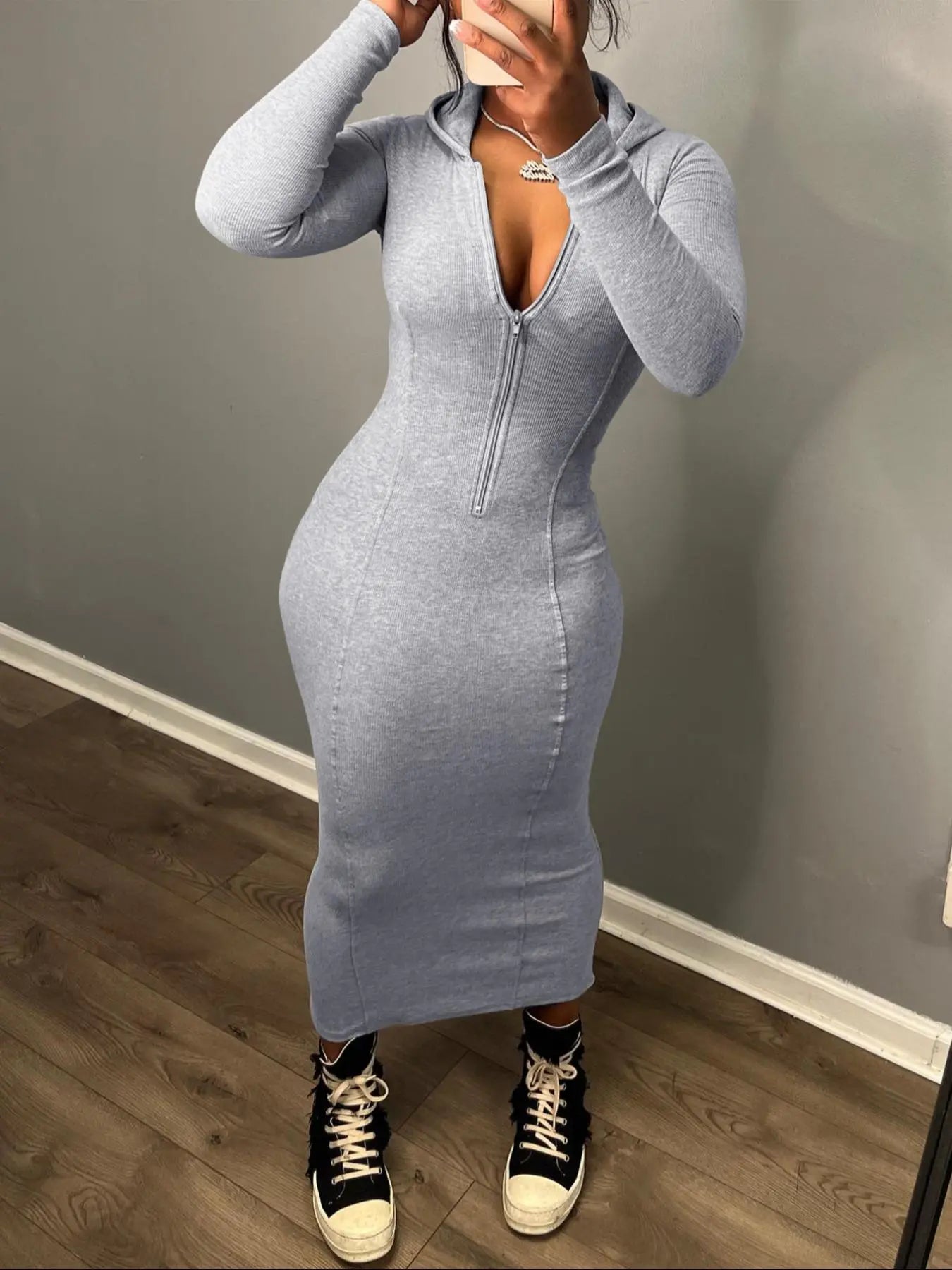 Chic Women's Solid Zip-Up Hooded Bodycon Dress - Casual Long Sleeve Ribbed Style for Fall & Winter Daily Wear
