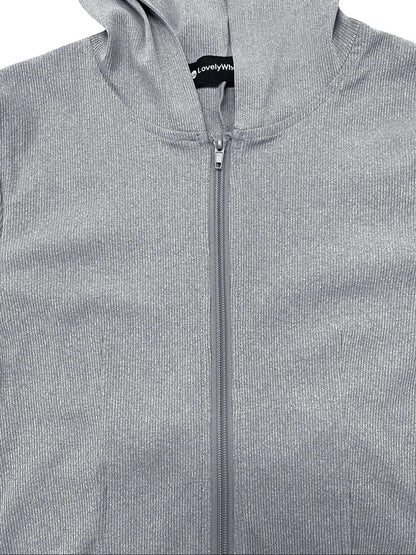 Chic Women's Solid Zip-Up Hooded Bodycon Dress - Casual Long Sleeve Ribbed Style for Fall & Winter Daily Wear