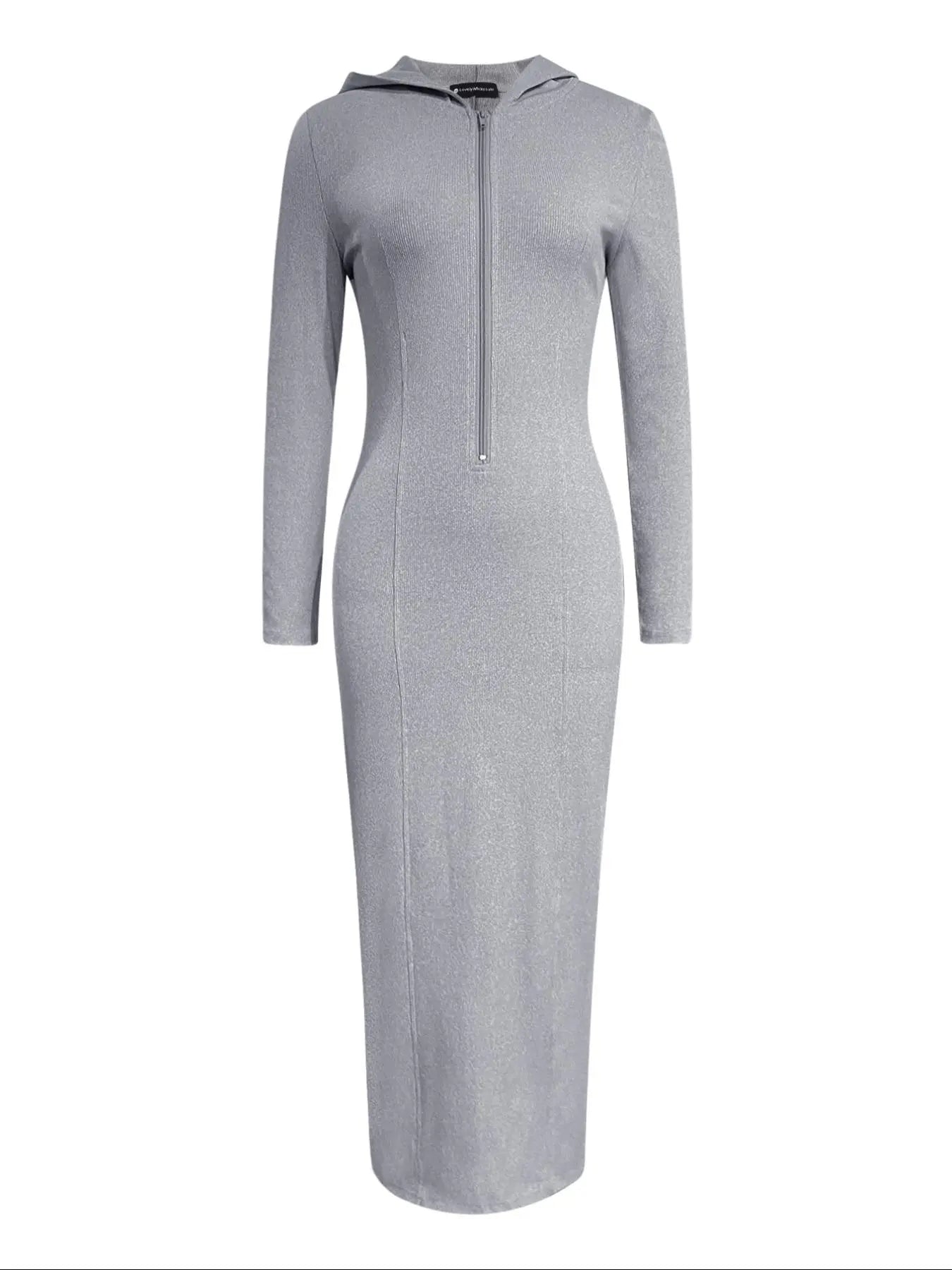 Chic Women's Solid Zip-Up Hooded Bodycon Dress - Casual Long Sleeve Ribbed Style for Fall & Winter Daily Wear
