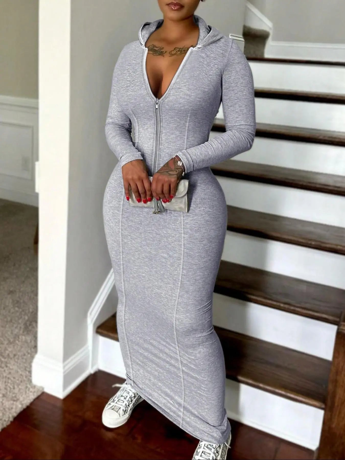 Chic Women's Solid Zip-Up Hooded Bodycon Dress - Casual Long Sleeve Ribbed Style for Fall & Winter Daily Wear
