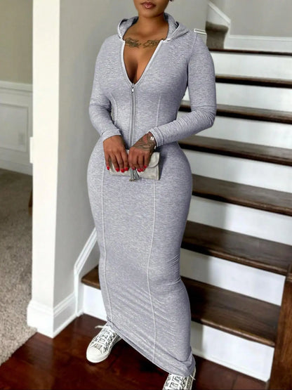 Chic Women's Solid Zip-Up Hooded Bodycon Dress - Casual Long Sleeve Ribbed Style for Fall & Winter Daily Wear