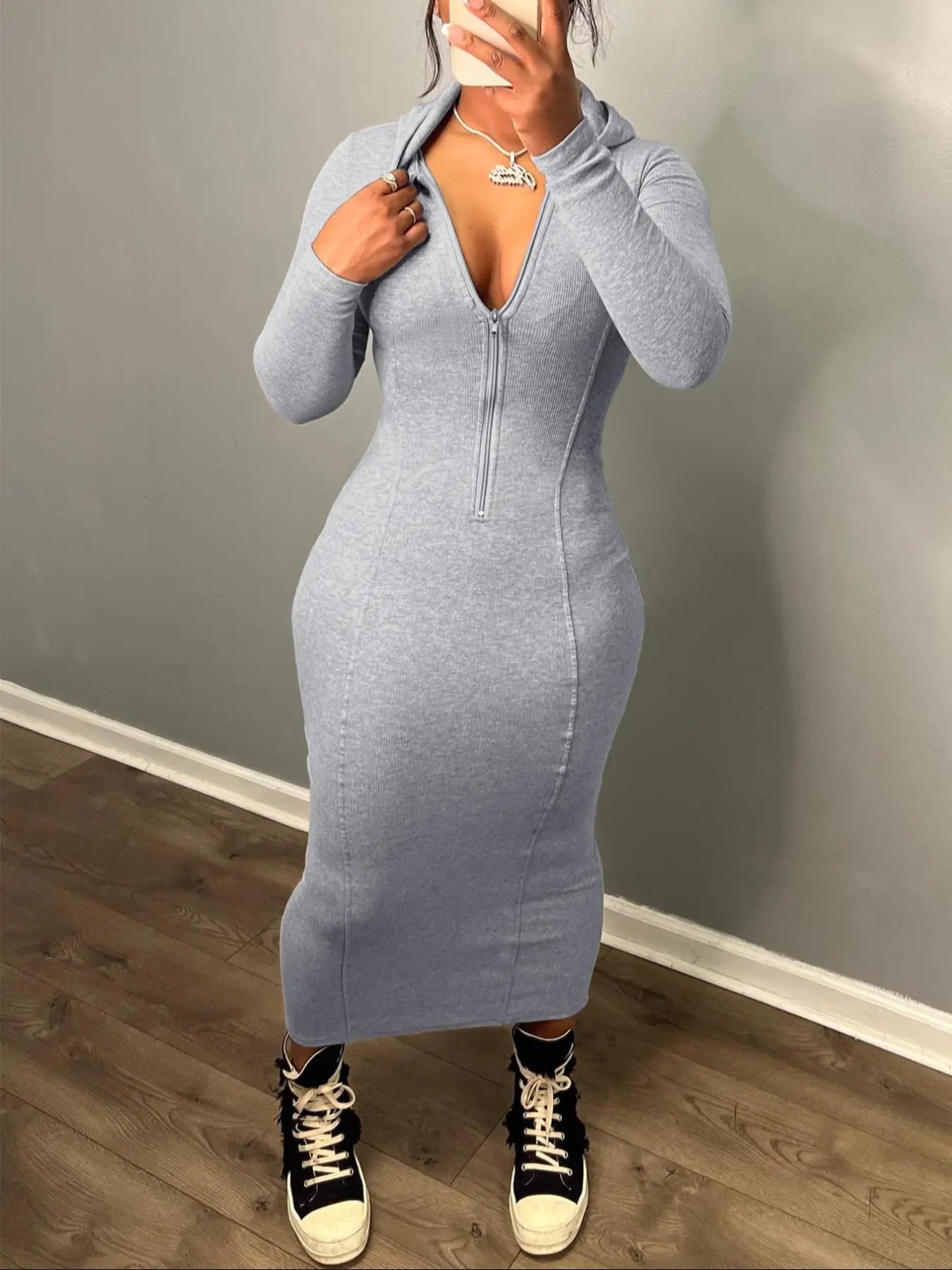 Chic Women's Solid Zip-Up Hooded Bodycon Dress - Casual Long Sleeve Ribbed Style for Fall & Winter Daily Wear