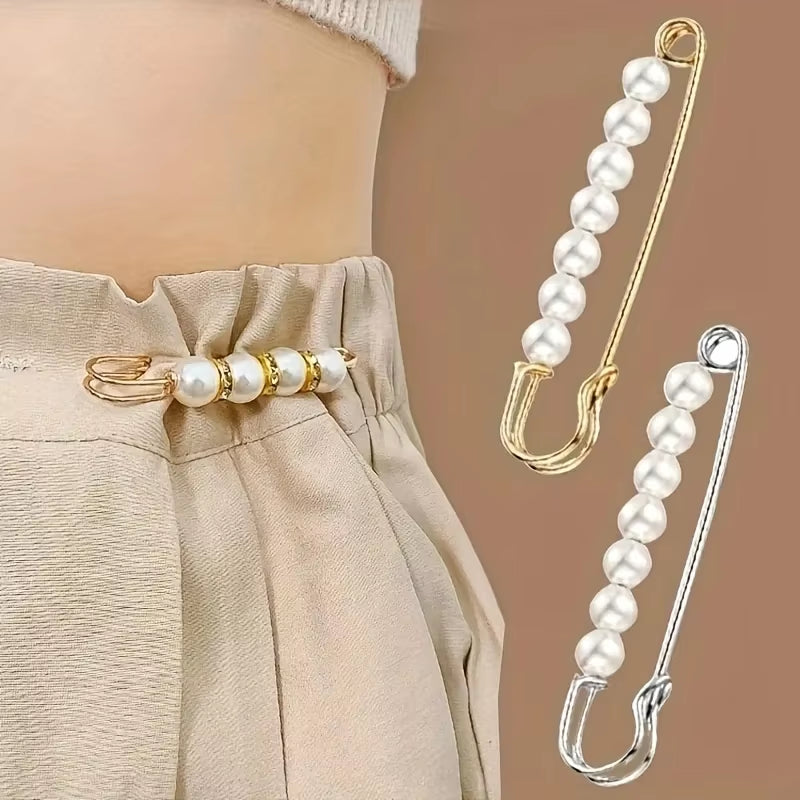 2-Pack Multifunctional Women's Brooches - Anti-Exposure Waistband Fixing Buckles with Safety Pins and Pearls