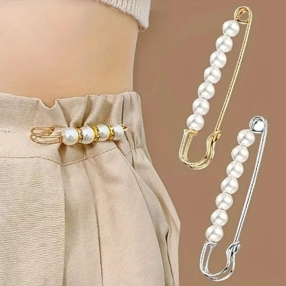 2-Pack Multifunctional Women's Brooches - Anti-Exposure Waistband Fixing Buckles with Safety Pins and Pearls