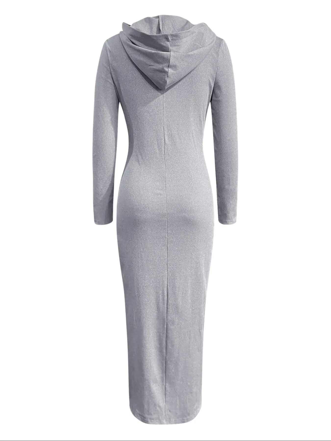 Chic Women's Solid Zip-Up Hooded Bodycon Dress - Casual Long Sleeve Ribbed Style for Fall & Winter Daily Wear