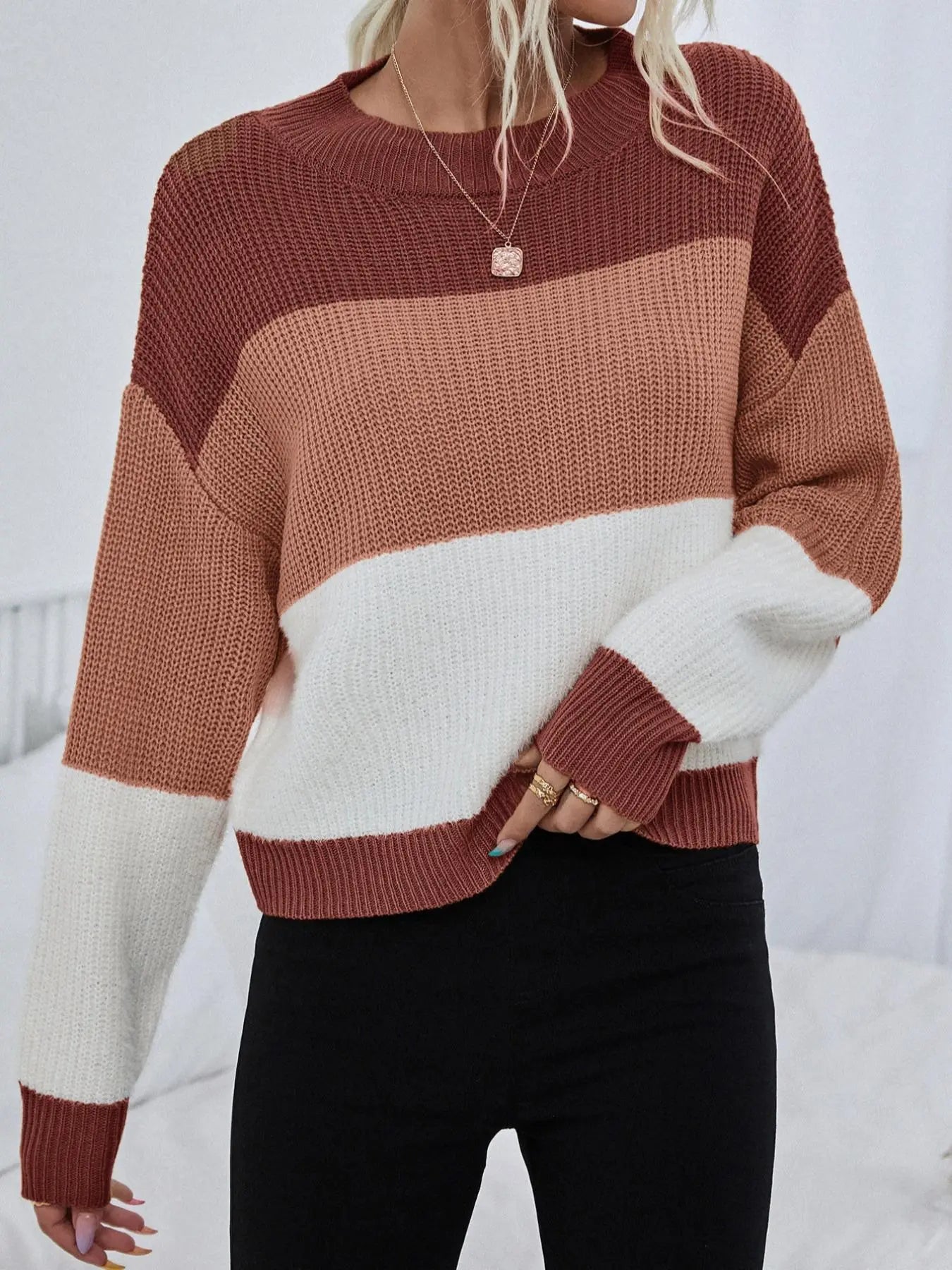 Chic Women's Colorblock Crewneck Sweater - Cozy Drop Shoulder Knit Top for Fall & Winter, Perfect for Black Friday Deals!