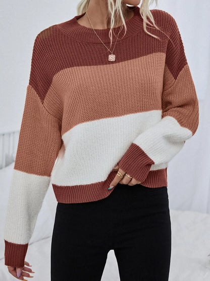 Chic Women's Colorblock Crewneck Sweater - Cozy Drop Shoulder Knit Top for Fall & Winter, Perfect for Black Friday Deals!