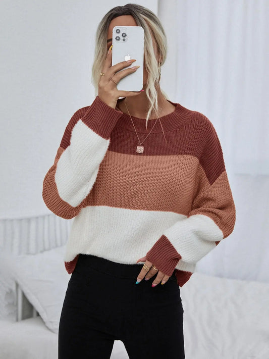 Chic Women's Colorblock Crewneck Sweater - Cozy Drop Shoulder Knit Top for Fall & Winter, Perfect for Black Friday Deals!