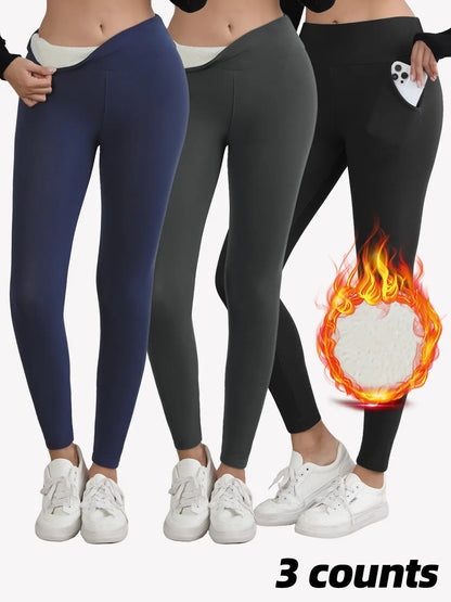 Thermal Lined High Waist Women's Sports Leggings with Embroidery Pockets - Perfect for Yoga and Gym Workouts