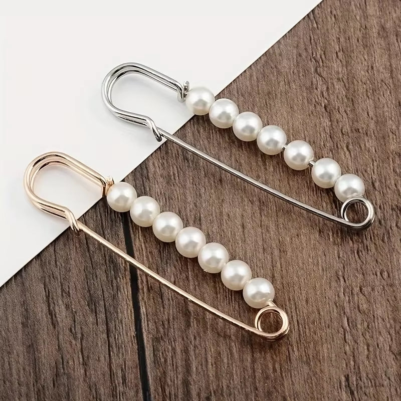 2-Pack Multifunctional Women's Brooches - Anti-Exposure Waistband Fixing Buckles with Safety Pins and Pearls