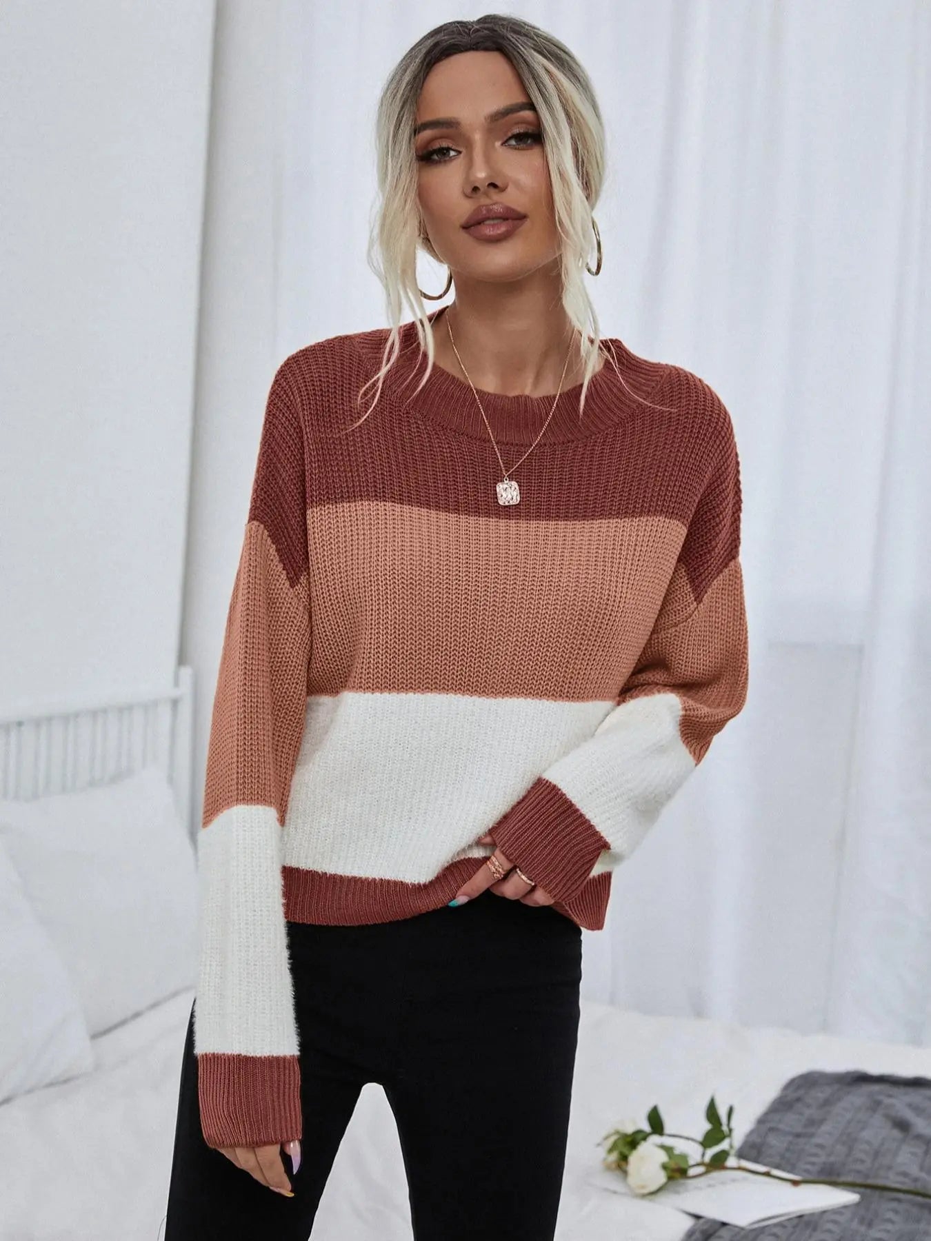 Chic Women's Colorblock Crewneck Sweater - Cozy Drop Shoulder Knit Top for Fall & Winter, Perfect for Black Friday Deals!