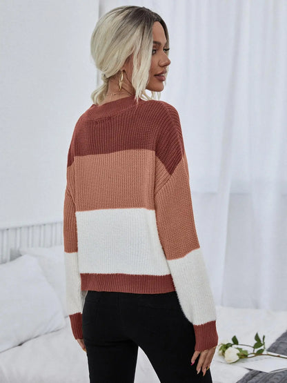 Chic Women's Colorblock Crewneck Sweater - Cozy Drop Shoulder Knit Top for Fall & Winter, Perfect for Black Friday Deals!