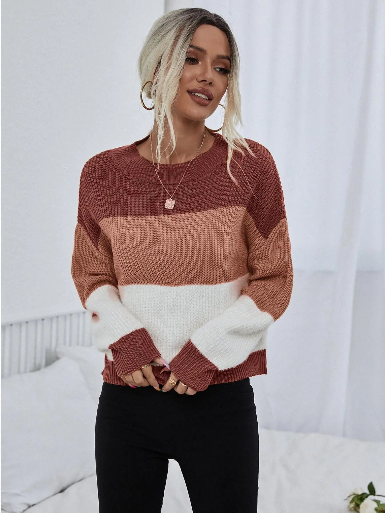 Chic Women's Colorblock Crewneck Sweater - Cozy Drop Shoulder Knit Top for Fall & Winter, Perfect for Black Friday Deals!